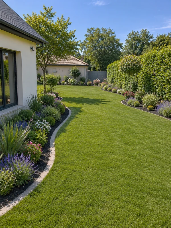 Jardin après aménagement, pelouse et massifs