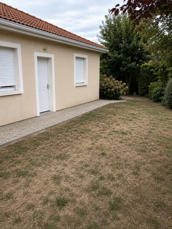 Pelouse et massifs avant rénovation
