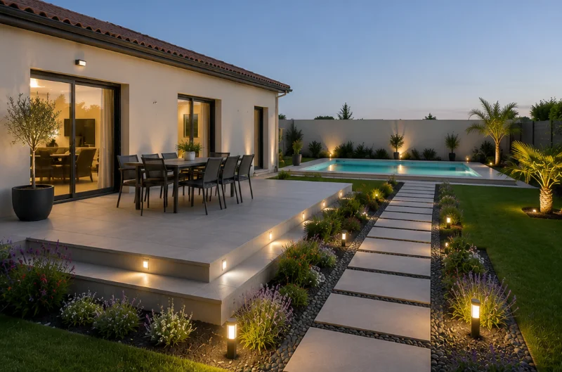 Terrasse et espace de vie extérieur après aménagement